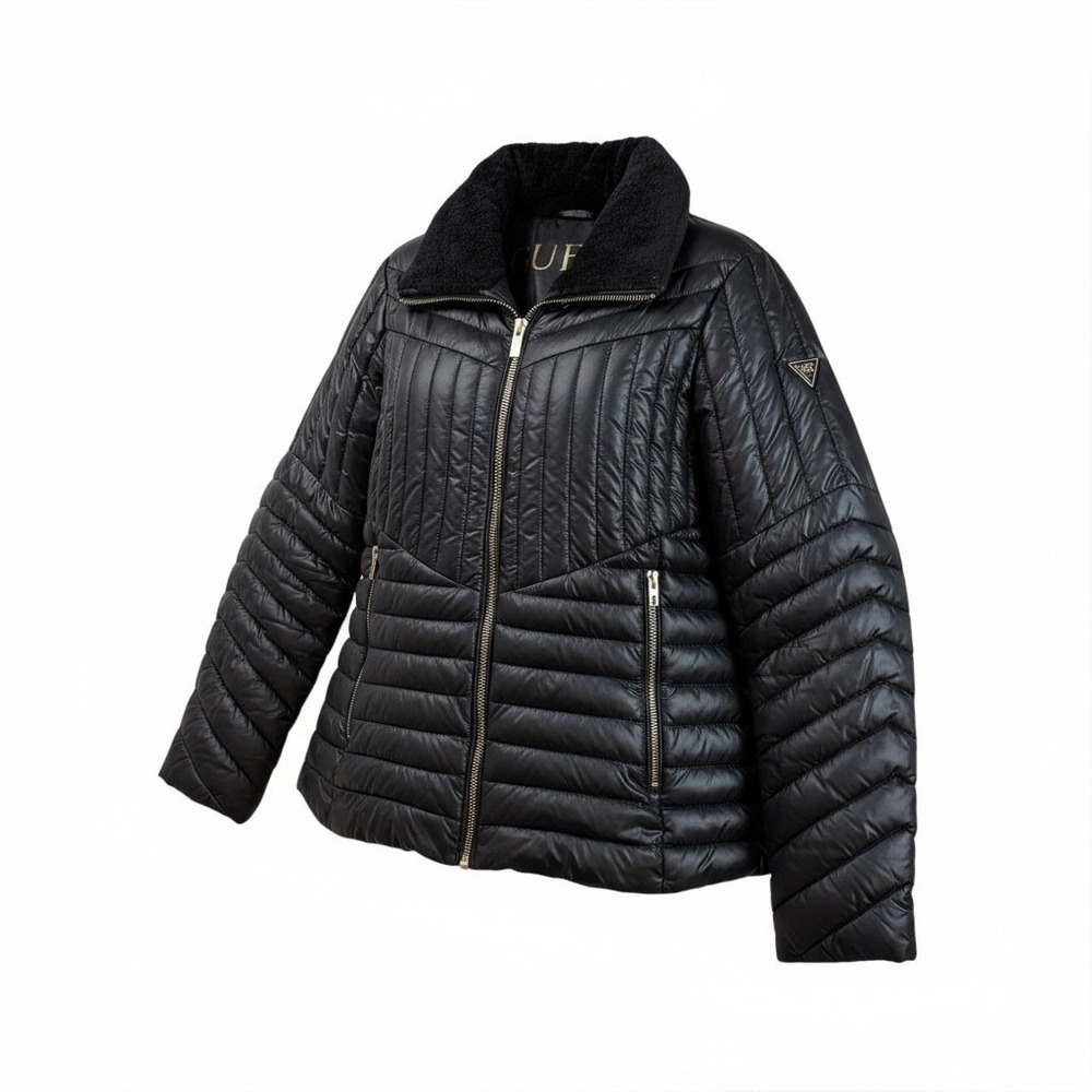 GUESS Black Quilted Puffer Jacket Faux Fur Collar‎ Lightweight Coat Women's L